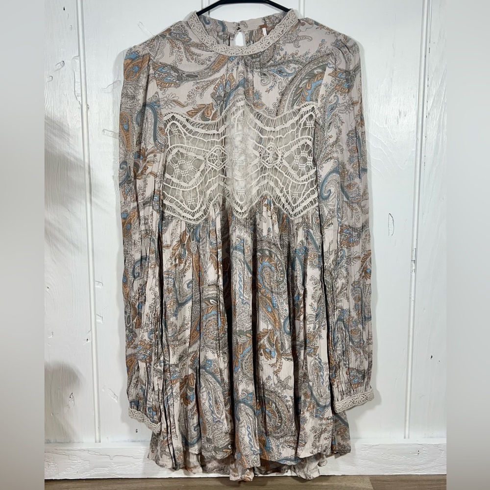Free People Sweet Thing Paisley Muted Crochet Tunic Top Mini Dress | XS - Picture 2 of 10